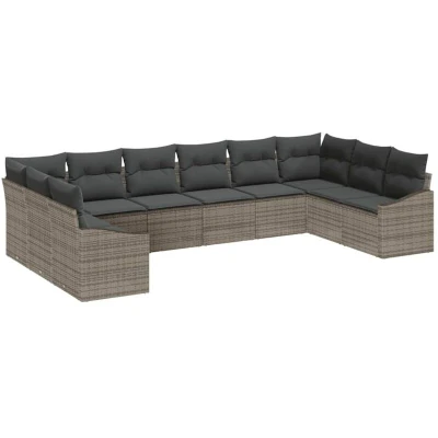 Image of vidaXL 10 Piece Garden Dining Set with Cushions Grey Poly Rattan