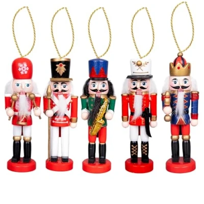 Image of SHATCHI 13cm Wooden Christmas Nutcrackers 5pcs Set Soldiers King Puppet Moving Parts Figurines Tree Hanging Decoration Ornaments
