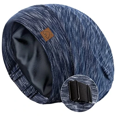 Image of Hat Hut Silk Satin Sleep Cap Bonnet Hair Cover for Sleeping Lined Beanie Natural Curly Adjustable Night (Heather Blue)