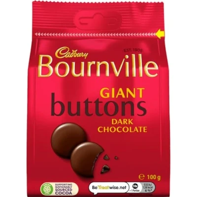 Image of Cadbury Bournville Dark Chocolate Giant Buttons, Sharing Bag, Bite Size Treats, 100 g (Pack of 1)