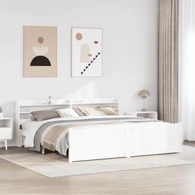 Image of vidaXL Bed Frame with Headboard Base White Solid Pine Wood Modern Double Storage Shelves 200x200 cm