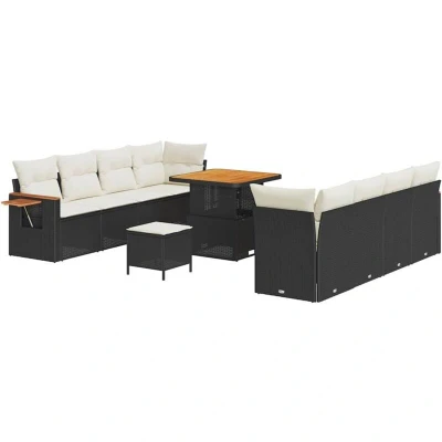 Image of vidaXL 11 Piece Garden Sofa Set with Cushions Black Poly Rattan Acacia