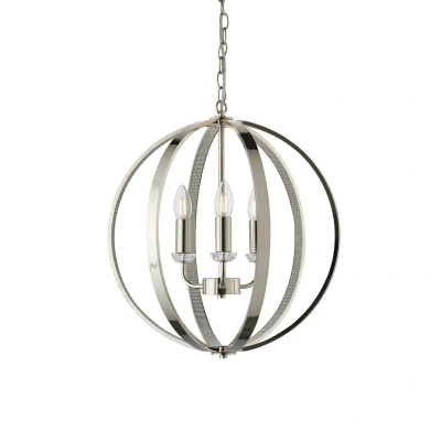Image of Ritz 3 Light Wire Ceiling Pendant Bright Nickel &amp; Clear Faceted Acrylic, E14