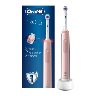 Image of Oral B Pro 3 Electric Toothbrushes For Adults, 1 3D White Toothbrush Head, Modes with Teeth Whitening, 2 Pin UK Plug, 3000, Pink