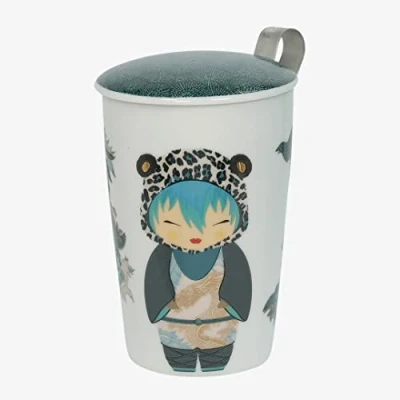 Image of Eigenart Teaeve Little Animals Leo Double Walled Porcelain Mug with Lid and Stainless Steel Strainer, BPA Free, 350 ml, 80058