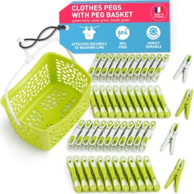 Image of culiclean Clothes Pegs for Washing Line with Basket Strong Soft Grip 40 pcs Clips + 1 Peg Basket, Laundry green white blue Handle