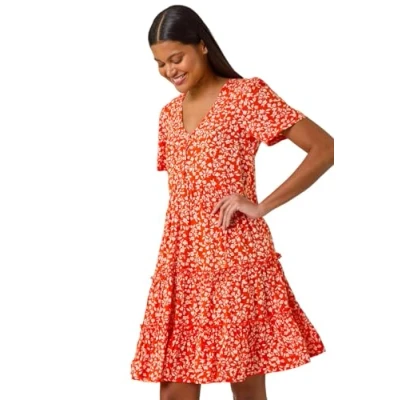 Image of Roman Originals Smock Dress for Women UK Ladies Cotton Summer Embroidered Frilled Tiered Lounge Casual Beach Cruise Holiday Cocktail Party 3/4 Sleeve Pull On Gathered Skirt Orange Size 18