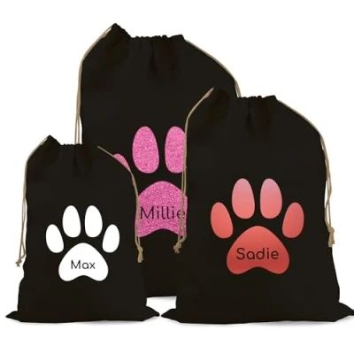 Image of Print Maniacs Personalised Cat Cotton Santa Stocking Sack With Paw and Name Large Bag For Dog Cats