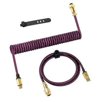 Image of ATTACK SHARK C03 Coiled USB C Cable for Gaming Keyboard, Type to A, Custom Braided Double sleeved Mechanical Keyboard Charger with Gold plate Detachable Aviator Connector, Deep Rose Red