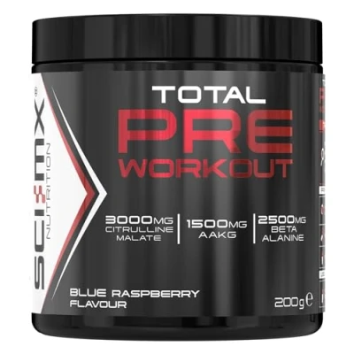 Image of SCI MX Total Pre Workout Blue Raspberry Flavour 2500mg Beta Alanine 3000mg Citrulline Malate 200mg Caffeine Niacin for Fatigue 200g