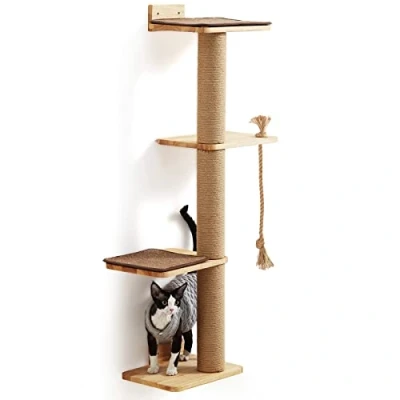 Image of FUKUMARU Cat Scratching Activity Tree Wall Mounted, 125 cm Jute Scratch Post for Large Cats, Kittens with Platform, Rubber Wood,