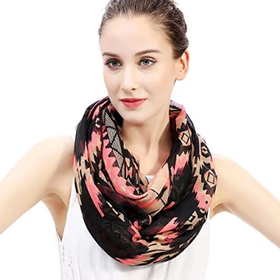 Image of Ethnic Aztec Tribal Geometric Print Women&#039;s Infinity Scarf Snood Lightweight (Neon Pink, Beige, Black)