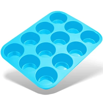 Image of Belmalia Muffin Tray Silicone, 12 Holes, 33 x 25 3 cm, Non Stick Coating, Cupcake Muffins Tin Light Blue