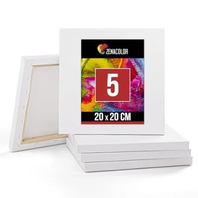 Image of Zenacolor Set of 5 Paint Canvases 20x20cm Canvas for Painting Acrylic Paint, Oil Watercolour 100% Cotton Acid Free Blank with Wooden Frame