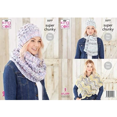 Image of King Cole 5577 Knitting Pattern Womens Hat Scarf Cowl Wrap in Big Value Super Chunky Tints