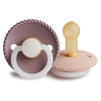 Image of FRIGG Rope Night Latex Pacifier Pack of 2 Natural Rubber Soother Dummy Glow BPA Free Made in Denmark Symmetrical Cherry Shaped Nipple (Twilight Mauve Night/Blush Night, Size (6 18 Months))