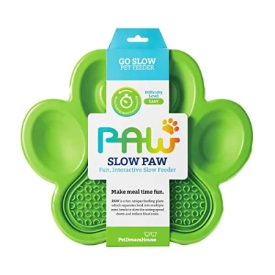 Image of PetDreamHouse Paw 2 in 1 Dog Slow Feeder Bowl and Removable Lick Mats for Dogs, Puppies or Cats Plate Food Treats Controls Fast Eating Anti Bloating Green