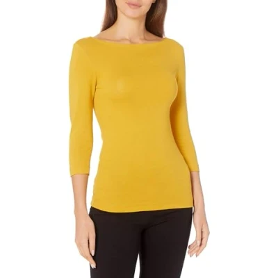 Image of Amazon Essentials Women&#039;s Slim Fit 3/4 Sleeve Boat Neck T Shirt, Gold, XXL