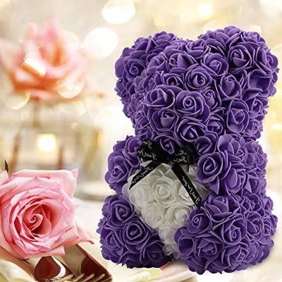 Image of Gifts for Women，Birthday ，Rose Flower Bear Hand Made Rose Teddy Bear,Best Artificial Decoration mom, Girls,Unique Gifts,The Perfect Party Clear Gift Box (Purple)