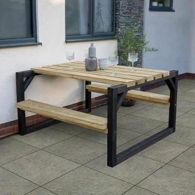 Image of Forest Colour Block Wooden Garden Picnic Bench 4&#039;8 x 4&#039;7 (1.42m 1.40m)