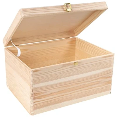 Image of Creative Deco XXL Large Plain Wooden Storage Box 40 x 30 24 cm (+/ 1 cm) with Lock &amp; Hinged Lid Unpainted Gift Christmas Xmas ROUGH UNSANDED Wood Keepsake Memory Craft Chest
