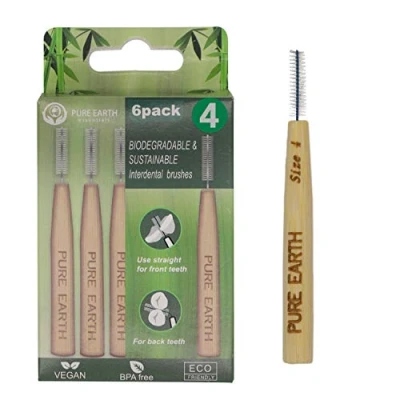 Image of Pure Earth Essentials Bamboo Interdental Brushes Biodegradable Brush Organic Handle with Soft Bristles for Deep Clean Between Teeth and Gums (6 Pieces, Size 4, 1.0mm, Blue)