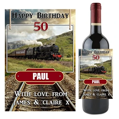 Image of Personalised STEAM Train LOCO Wine Bottle Label 18th 21st 30th 40th 50th 60th 70th 80th Birthday Gift Idea N54