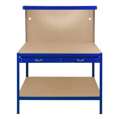 Image of Garage Workbench Blue Pegboard Drawer Shelves LED Light Heavy Duty Steel Wooden Workshop Industrial Shed DIY Work Table Desk Tool Storage Station Unit 370kg Total Capacity 40 Hooks Rubber Mallet