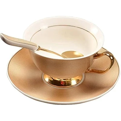 Image of Pfedxoon Bone China Tea Cup with Saucer Spoon 3 Piece Set（240ml） Cappuccino Cups, Coffee Set, British Porcelain Latte Mother&#039;s Day Gift(Golden)