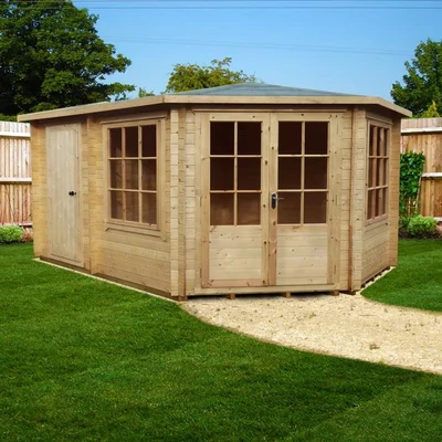 Image of Shire Leygrove 4.3m x 3m Corner Log Cabin Summerhouse with Side Shed (28mm)