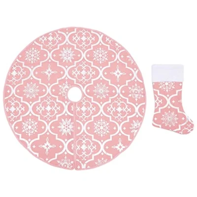 Image of vidaXL Luxury Christmas Tree Skirt with Matching Sock Pink Fabric Decor featuring Snow Patterns, 122 cm Diameter for Festive Home Decoration