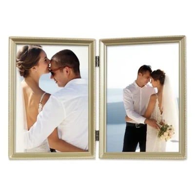 Image of Lawrence Frames Antique Brass 5x7 Hinged Double Picture Frame Bead Border Design, Satin Gold