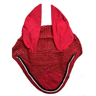 Image of Spire Horse Soft Crochet fly Veil Breathable Cotton Ear Net Hood Control Masks Protector Bonnets (Cob, Red/Black White)