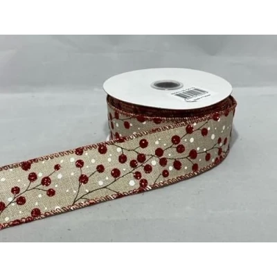 Image of 2 Meters x 38mm Wired Natural Red Berries Christmas Hessian Style 3.8cm