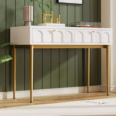 Image of Merax Modern Desk with Drawers 2, Dressing Table Arched Drawer Fronts, Wooden Vanity Desk, Golden Metal Legs, Makeup Storage for Bedroom Living Room, Cream White, 100 x 45 76.5cm