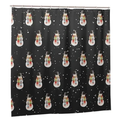 Image of JOOCAR Winter Snowman Shower Curtain Merry Christmas Black Curtains Watercolor Bathroom Decor Polyester Fabric Waterproof Set with 12 Hooks, 165x180cm