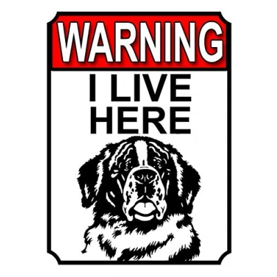 Image of WARNING I LIVE HERE METAL GATE SIGN ST BERNARD DOG THEME 200MM X 150MM (1818H1)