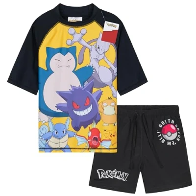 Image of Get Trend Pokemon Swimsuit Set for Boys Teens Anime 2 Pcs with Swimming Trunks Pikachu Gengar Rash Vest Beach Trip Holiday Essentials (9 10 Years, Black Pokemon)
