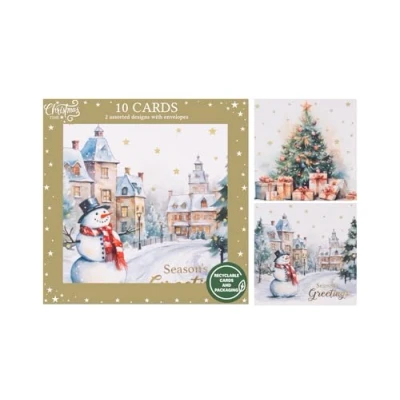 Image of RSW Pack of 10 Assorted Christmas Cards 2 Designs Seasons Greetings Snowman and Tree Gold Foil Finish Stylish Eco Friendly Packaging 100% Recyclable