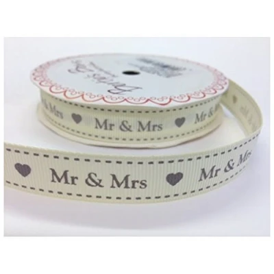 Image of Bertie&#039;s Bows Mr &amp; Mrs Silver Grey 16mm Ivory Grosgrain Ribbon x 3 Metres
