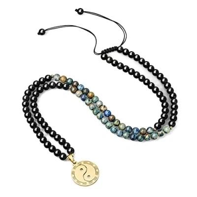 Image of COAI Yin Yang Black Obsidian Azurite Beaded 108 Mala Stone Necklace