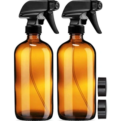 Image of Empty Amber Glass Spray Bottles with Labels (2 Pack) 500ml Refillable Container for Essential Oils, Cleaning Products, or Aromatherapy Black Trigger Sprayer w/Mist and Stream Settings