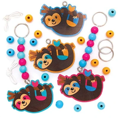 Image of Baker Ross FE440 Sloth Wooden Keyring &amp; Bag Dangler Kits Pack of 4, Key Chain for Kids, Make Your Own Keyrings, Making Kit Children