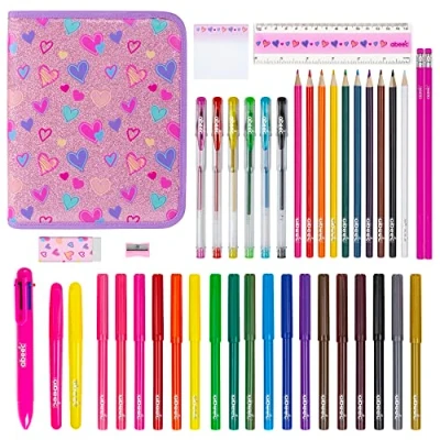 Image of abeec 44 Piece Glitter Pencil Case Girls Stationery Set Including: Case, Felt Tip Pens, Colouring Pencils, Gel Pens Stationary Sets for Back to School Cute Gifts