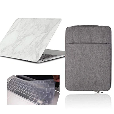Image of FINDING Case MacBook PRO 15.6 inch/ 15 with Touch Bar A1990 / A1707,BUNDLE 3 IN 1 Rubberized Hard Shell Cover Keyboard Skin (Europe Layout) and Laptop Denim Bag Handle White marble