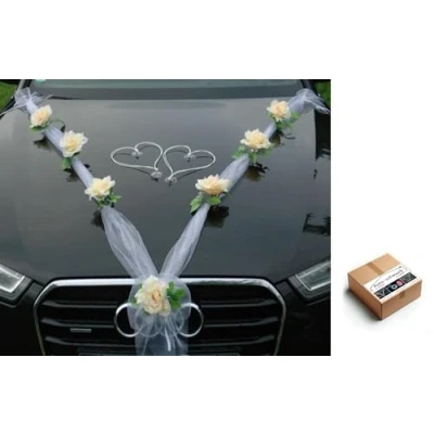Image of ORGANZA M + HERZEN Braut Paar Rose Deko Dekoration Autoschmuck Hochzeit Car Auto Wedding Ratan Girlande ®Auto schmuck PKW (Lemon/Weiß/Weiß)