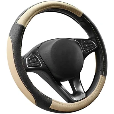 Image of COFIT Microfiber Leather Steering Wheel Cover Breathable Anti slip Universal Protective Wrap Car Interior Decor Accessories Size M 37 38cm Black and Beige