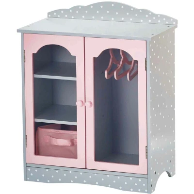 Image of Olivia&#039;s Little World Polka Dot Princess Wooden Shaker Style Double Closet for 18&quot; Doll Wardrobes with Windowed Doors, Three Shelves, Hanging Space Hangers, Grey/Pink