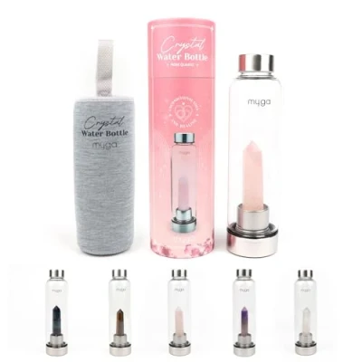 Image of Myga Rose Quartz Crystal Water Bottle 500ml Glass Drinks with Natural Healing &amp; Neoprene Sleeve for Wellness Self Care Gemstone: