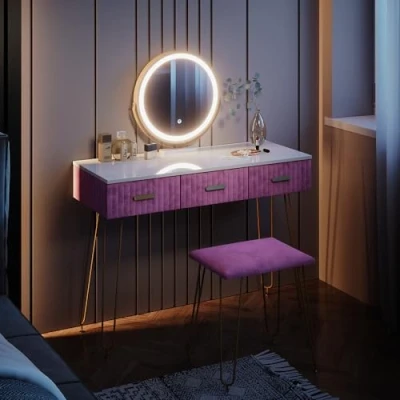 Image of Vicco Vanity table Layla, Pink/White, 100 cm with LED lighting and stool